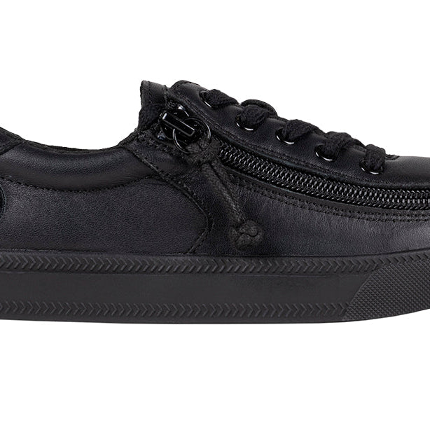 Kid's Black to the Floor Leather BILLY Classic Lace Lows, zipper shoes, like velcro, that are adaptive, accessible, inclusive and use universal design to accommodate an afo. BILLY Footwear is medium and wide width, M, D and EEE, are comfortable, and come in toddler, kids, mens, and womens sizing.