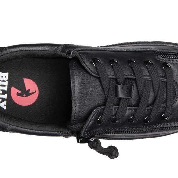 Kid's Black to the Floor Leather BILLY Classic Lace Lows, zipper shoes, like velcro, that are adaptive, accessible, inclusive and use universal design to accommodate an afo. BILLY Footwear is medium and wide width, M, D and EEE, are comfortable, and come in toddler, kids, mens, and womens sizing.