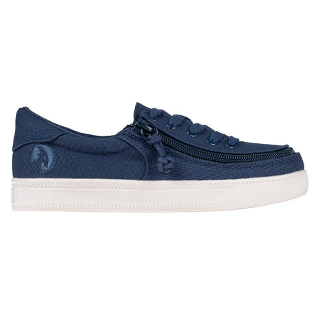 Kid's Navy BILLY Sustainable Lace Lows, zipper shoes, like velcro, that are adaptive, accessible, inclusive and use universal design to accommodate an afo. BILLY Footwear has medium and wide width, M, D and EEE, are comfortable, and come in toddler, kids, mens, and womens sizing.