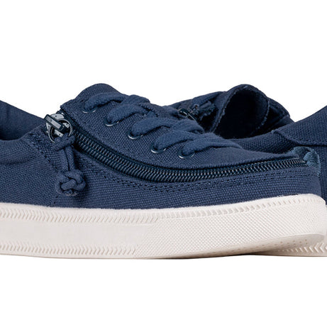 Kid's Navy BILLY Sustainable Lace Lows, zipper shoes, like velcro, that are adaptive, accessible, inclusive and use universal design to accommodate an afo. BILLY Footwear has medium and wide width, M, D and EEE, are comfortable, and come in toddler, kids, mens, and womens sizing.