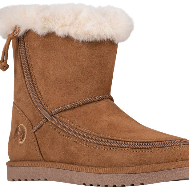 Kid's Chestnut BILLY Cozy Boots, zipper shoes, like velcro, that are adaptive, accessible, inclusive and use universal design to accommodate an afo. BILLY Footwear is medium and wide width, M, D and EEE, are comfortable, and come in toddler, kids, mens, and womens sizing.