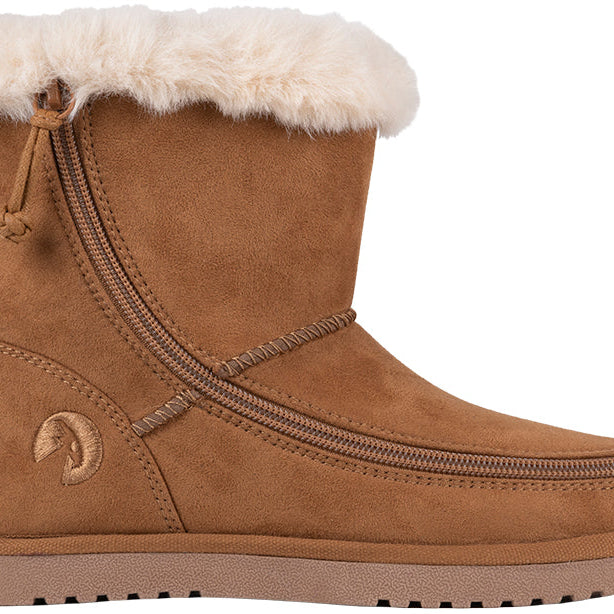 Kid's Chestnut BILLY Cozy Boots, zipper shoes, like velcro, that are adaptive, accessible, inclusive and use universal design to accommodate an afo. BILLY Footwear is medium and wide width, M, D and EEE, are comfortable, and come in toddler, kids, mens, and womens sizing.