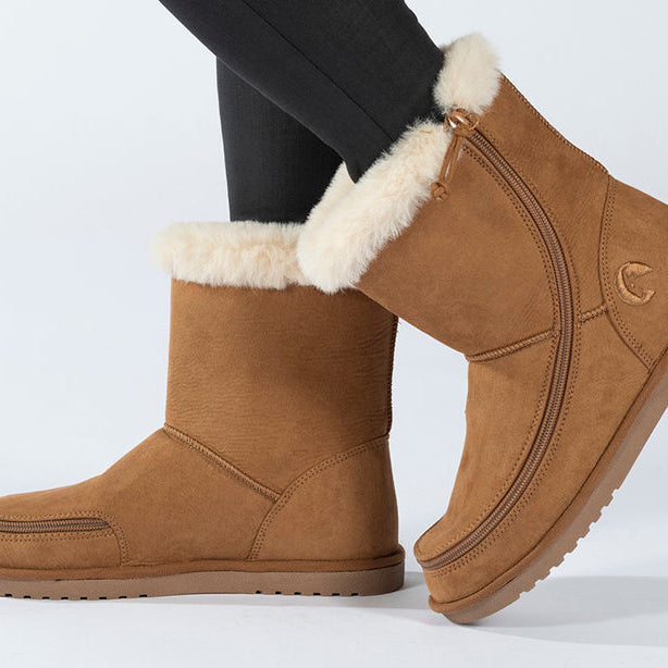 Kid's Chestnut BILLY Cozy Boots, zipper shoes, like velcro, that are adaptive, accessible, inclusive and use universal design to accommodate an afo. BILLY Footwear is medium and wide width, M, D and EEE, are comfortable, and come in toddler, kids, mens, and womens sizing.