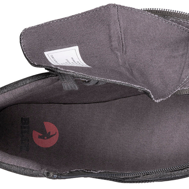 Kid's Charcoal Jersey BILLY Street High Tops, zipper shoes, like velcro, that are adaptive, accessible, inclusive and use universal design to accommodate an afo. BILLY Footwear comes in medium and wide width, M, D and EEE, are comfortable, and come in toddler, kids, mens, and womens sizing.