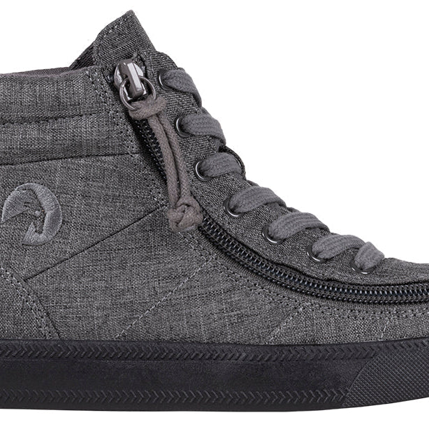 Kid's Charcoal Jersey BILLY Street High Tops, zipper shoes, like velcro, that are adaptive, accessible, inclusive and use universal design to accommodate an afo. BILLY Footwear comes in medium and wide width, M, D and EEE, are comfortable, and come in toddler, kids, mens, and womens sizing.