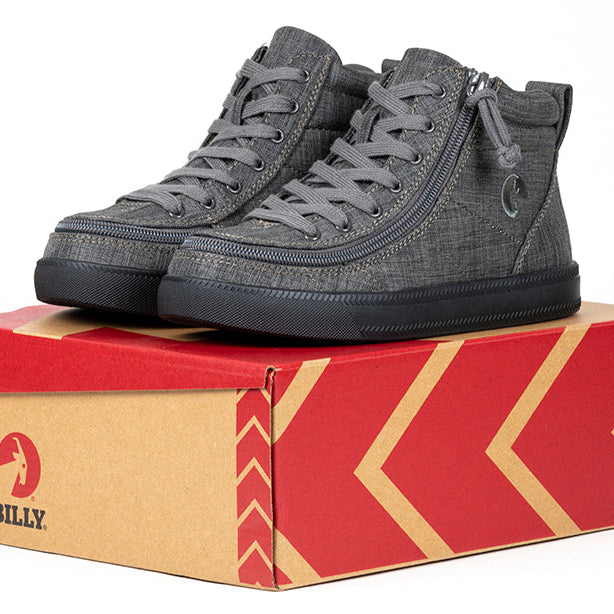 Kid's Charcoal Jersey BILLY Street High Tops, zipper shoes, like velcro, that are adaptive, accessible, inclusive and use universal design to accommodate an afo. BILLY Footwear comes in medium and wide width, M, D and EEE, are comfortable, and come in toddler, kids, mens, and womens sizing.
