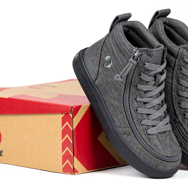 Kid's Charcoal Jersey BILLY Street High Tops, zipper shoes, like velcro, that are adaptive, accessible, inclusive and use universal design to accommodate an afo. BILLY Footwear comes in medium and wide width, M, D and EEE, are comfortable, and come in toddler, kids, mens, and womens sizing.