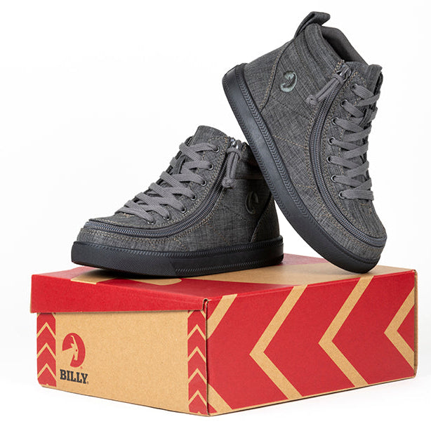 Kid's Charcoal Jersey BILLY Street High Tops, zipper shoes, like velcro, that are adaptive, accessible, inclusive and use universal design to accommodate an afo. BILLY Footwear comes in medium and wide width, M, D and EEE, are comfortable, and come in toddler, kids, mens, and womens sizing.