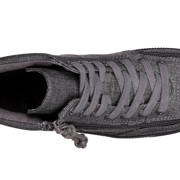Kid's Charcoal Jersey BILLY Street High Tops, zipper shoes, like velcro, that are adaptive, accessible, inclusive and use universal design to accommodate an afo. BILLY Footwear comes in medium and wide width, M, D and EEE, are comfortable, and come in toddler, kids, mens, and womens sizing.