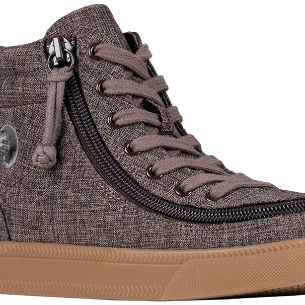 Kid's Brown Jersey BILLY Street High Tops, zipper shoes, like velcro, that are adaptive, accessible, inclusive and use universal design to accommodate an afo. BILLY Footwear comes in medium and wide width, M, D and EEE, are comfortable, and come in toddler, kids, mens, and womens sizing.