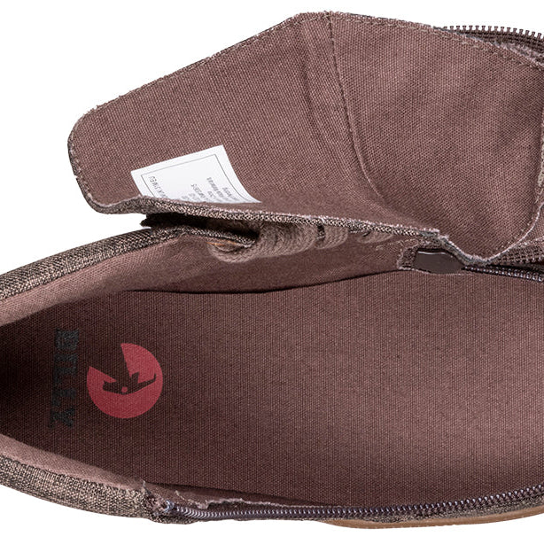 Kid's Brown Jersey BILLY Street High Tops, zipper shoes, like velcro, that are adaptive, accessible, inclusive and use universal design to accommodate an afo. BILLY Footwear comes in medium and wide width, M, D and EEE, are comfortable, and come in toddler, kids, mens, and womens sizing.