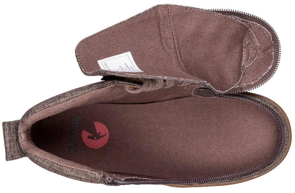 Kid's Brown Jersey BILLY Street High Tops, zipper shoes, like velcro, that are adaptive, accessible, inclusive and use universal design to accommodate an afo. BILLY Footwear comes in medium and wide width, M, D and EEE, are comfortable, and come in toddler, kids, mens, and womens sizing.