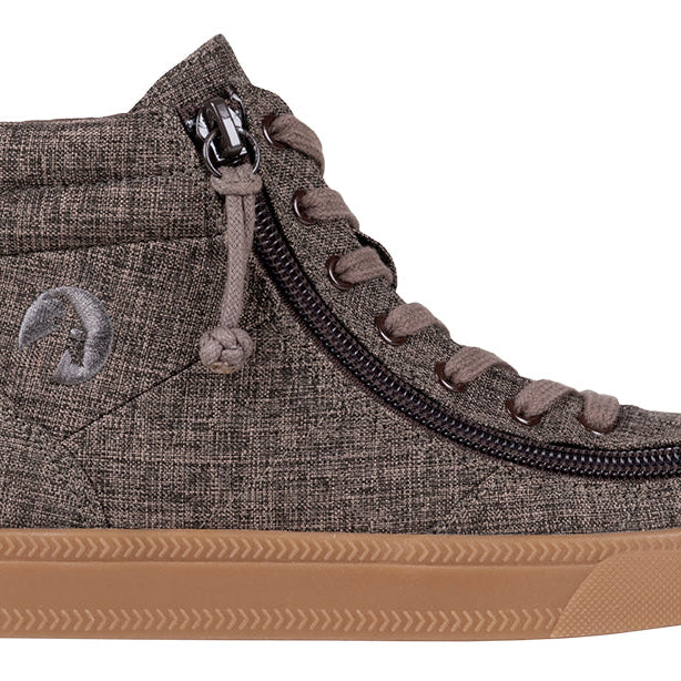 Kid's Brown Jersey BILLY Street High Tops, zipper shoes, like velcro, that are adaptive, accessible, inclusive and use universal design to accommodate an afo. BILLY Footwear comes in medium and wide width, M, D and EEE, are comfortable, and come in toddler, kids, mens, and womens sizing.
