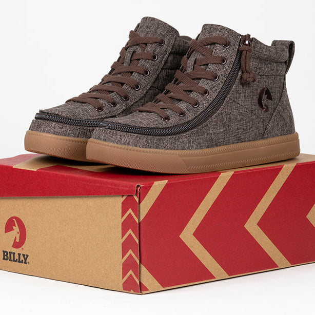 Kid's Brown Jersey BILLY Street High Tops, zipper shoes, like velcro, that are adaptive, accessible, inclusive and use universal design to accommodate an afo. BILLY Footwear comes in medium and wide width, M, D and EEE, are comfortable, and come in toddler, kids, mens, and womens sizing.
