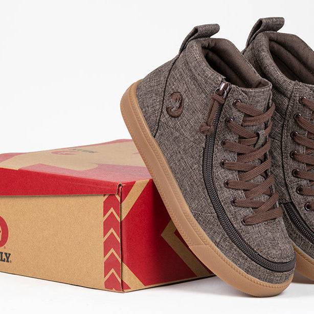 Kid's Brown Jersey BILLY Street High Tops, zipper shoes, like velcro, that are adaptive, accessible, inclusive and use universal design to accommodate an afo. BILLY Footwear comes in medium and wide width, M, D and EEE, are comfortable, and come in toddler, kids, mens, and womens sizing.