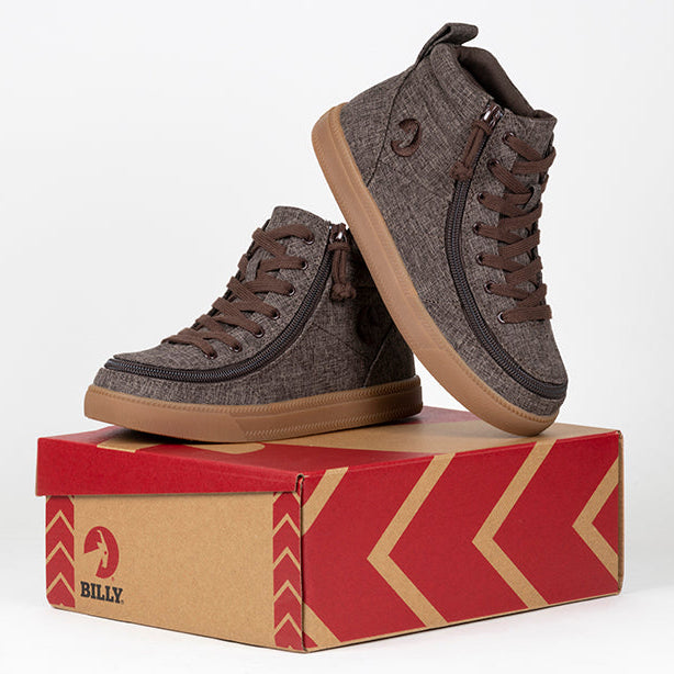Kid's Brown Jersey BILLY Street High Tops, zipper shoes, like velcro, that are adaptive, accessible, inclusive and use universal design to accommodate an afo. BILLY Footwear comes in medium and wide width, M, D and EEE, are comfortable, and come in toddler, kids, mens, and womens sizing.