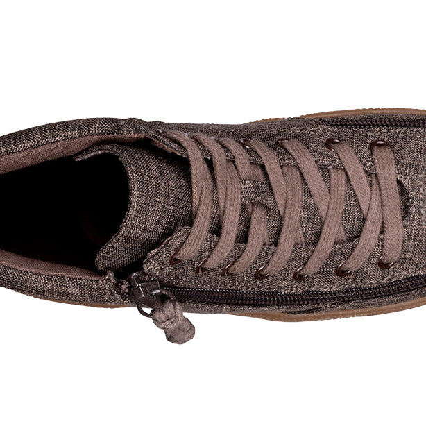Kid's Brown Jersey BILLY Street High Tops, zipper shoes, like velcro, that are adaptive, accessible, inclusive and use universal design to accommodate an afo. BILLY Footwear comes in medium and wide width, M, D and EEE, are comfortable, and come in toddler, kids, mens, and womens sizing.
