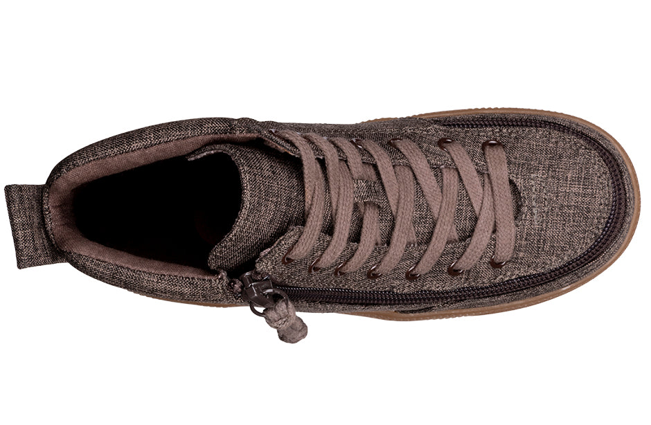 Kid's Brown Jersey BILLY Street High Tops, zipper shoes, like velcro, that are adaptive, accessible, inclusive and use universal design to accommodate an afo. BILLY Footwear comes in medium and wide width, M, D and EEE, are comfortable, and come in toddler, kids, mens, and womens sizing.