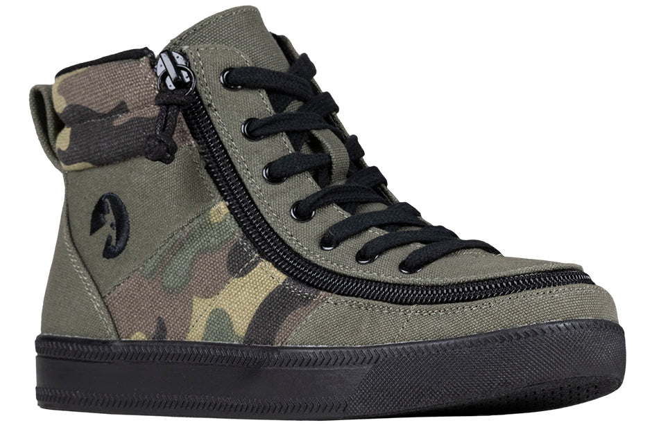 Kid's Olive Camo BILLY Street High Tops, zipper shoes, like velcro, that are adaptive, accessible, inclusive and use universal design to accommodate an afo. BILLY Footwear comes in medium and wide width, M, D and EEE, are comfortable, and come in toddler, kids, mens, and womens sizing.