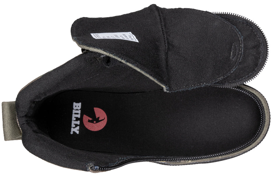 Kid's Olive Camo BILLY Street High Tops, zipper shoes, like velcro, that are adaptive, accessible, inclusive and use universal design to accommodate an afo. BILLY Footwear comes in medium and wide width, M, D and EEE, are comfortable, and come in toddler, kids, mens, and womens sizing.