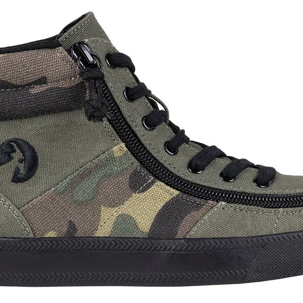 Kid's Olive Camo BILLY Street High Tops, zipper shoes, like velcro, that are adaptive, accessible, inclusive and use universal design to accommodate an afo. BILLY Footwear comes in medium and wide width, M, D and EEE, are comfortable, and come in toddler, kids, mens, and womens sizing.