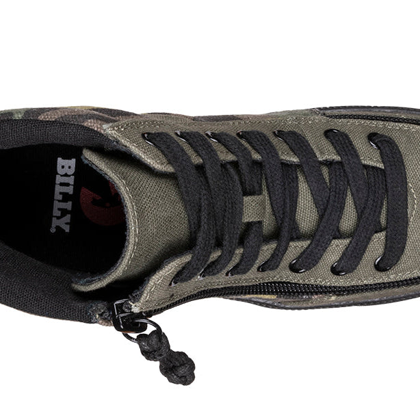 Kid's Olive Camo BILLY Street High Tops, zipper shoes, like velcro, that are adaptive, accessible, inclusive and use universal design to accommodate an afo. BILLY Footwear comes in medium and wide width, M, D and EEE, are comfortable, and come in toddler, kids, mens, and womens sizing.
