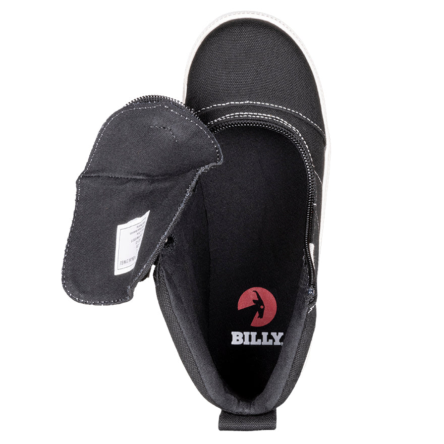 Kid's Black BILLY Street  Short Wrap High Tops, zipper shoes, like velcro, that are adaptive, accessible, inclusive and use universal design to accommodate an afo. BILLY Footwear comes in medium and wide width, M, D and EEE, are comfortable, and come in toddler, kids, mens, and womens sizing.