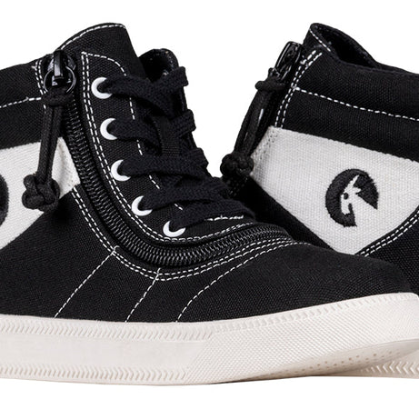 Kid's Black BILLY Street  Short Wrap High Tops, zipper shoes, like velcro, that are adaptive, accessible, inclusive and use universal design to accommodate an afo. BILLY Footwear comes in medium and wide width, M, D and EEE, are comfortable, and come in toddler, kids, mens, and womens sizing.