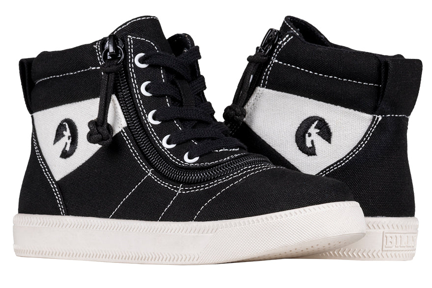 Kid's Black BILLY Street  Short Wrap High Tops, zipper shoes, like velcro, that are adaptive, accessible, inclusive and use universal design to accommodate an afo. BILLY Footwear comes in medium and wide width, M, D and EEE, are comfortable, and come in toddler, kids, mens, and womens sizing.