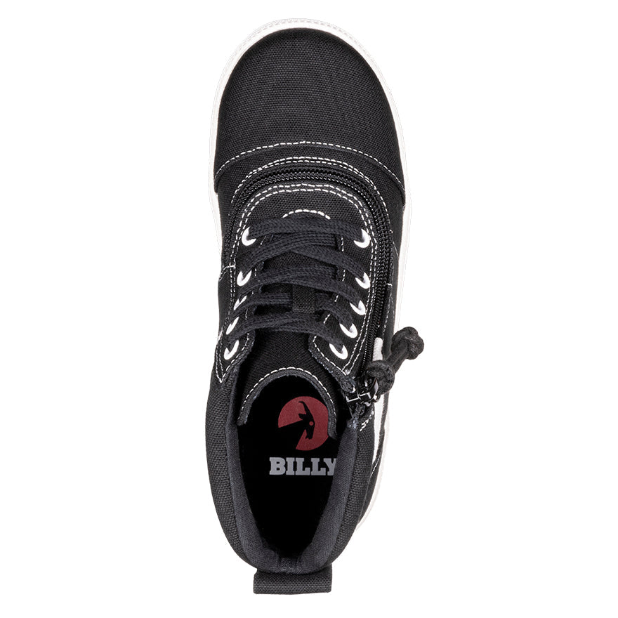 Kid's Black BILLY Street  Short Wrap High Tops, zipper shoes, like velcro, that are adaptive, accessible, inclusive and use universal design to accommodate an afo. BILLY Footwear comes in medium and wide width, M, D and EEE, are comfortable, and come in toddler, kids, mens, and womens sizing.