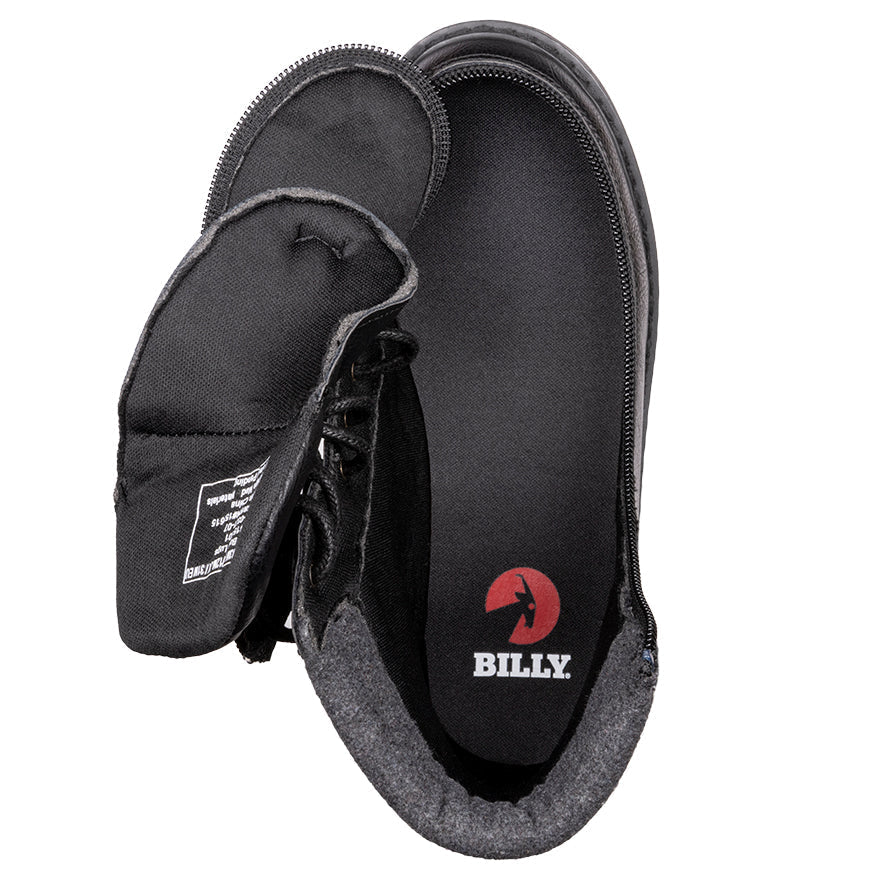 Kid's Black BILLY Lugs, zipper shoes, like velcro, that are adaptive, accessible, inclusive and use universal design to accommodate an afo. BILLY Footwear comes in medium and wide width, M, D and EEE, are comfortable, and come in toddler, kids, mens, and womens sizing.