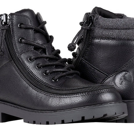 Kid's Black BILLY Lugs, zipper shoes, like velcro, that are adaptive, accessible, inclusive and use universal design to accommodate an afo. BILLY Footwear comes in medium and wide width, M, D and EEE, are comfortable, and come in toddler, kids, mens, and womens sizing.