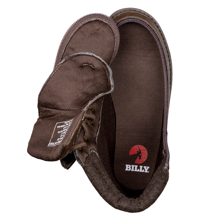 Kid's Brown BILLY Lugs, zipper shoes, like velcro, that are adaptive, accessible, inclusive and use universal design to accommodate an afo. BILLY Footwear comes in medium and wide width, M, D and EEE, are comfortable, and come in toddler, kids, mens, and womens sizing.