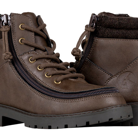 Kid's Brown BILLY Lugs, zipper shoes, like velcro, that are adaptive, accessible, inclusive and use universal design to accommodate an afo. BILLY Footwear comes in medium and wide width, M, D and EEE, are comfortable, and come in toddler, kids, mens, and womens sizing.
