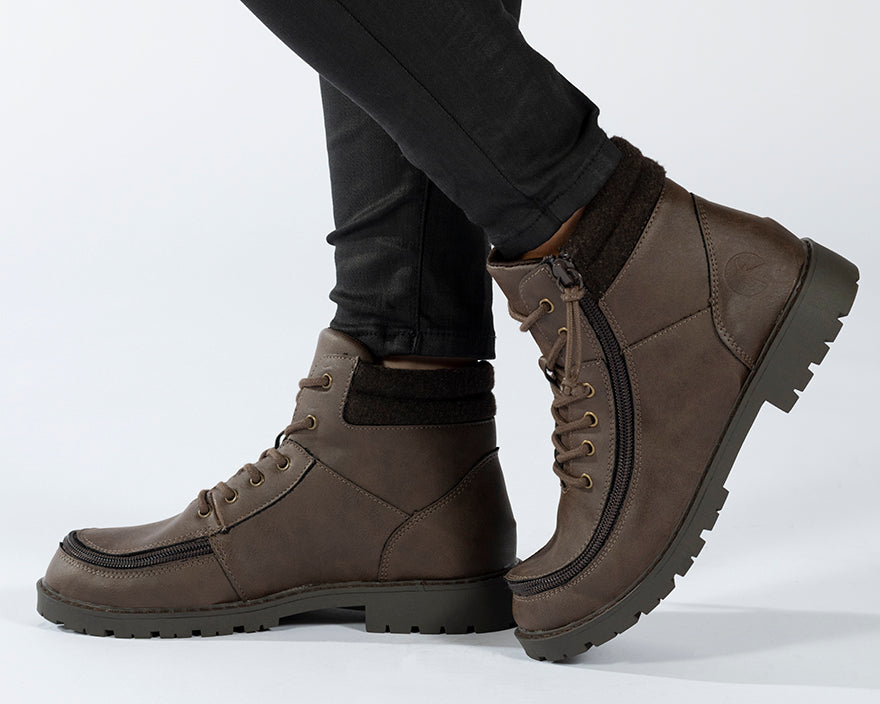 Kid's Brown BILLY Lugs, zipper shoes, like velcro, that are adaptive, accessible, inclusive and use universal design to accommodate an afo. BILLY Footwear comes in medium and wide width, M, D and EEE, are comfortable, and come in toddler, kids, mens, and womens sizing.