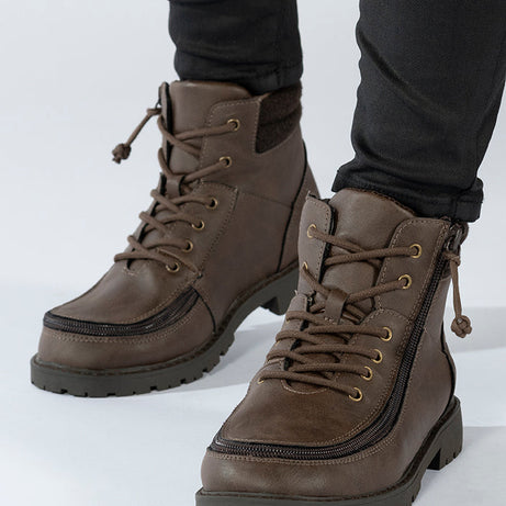 Kid's Brown BILLY Lugs, zipper shoes, like velcro, that are adaptive, accessible, inclusive and use universal design to accommodate an afo. BILLY Footwear comes in medium and wide width, M, D and EEE, are comfortable, and come in toddler, kids, mens, and womens sizing.