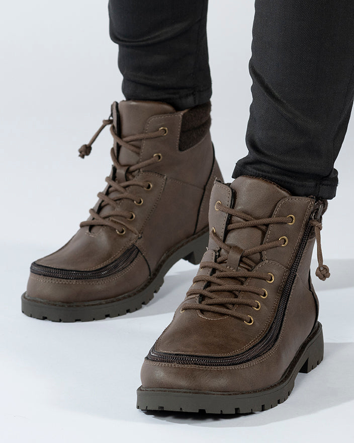 Kid's Brown BILLY Lugs, zipper shoes, like velcro, that are adaptive, accessible, inclusive and use universal design to accommodate an afo. BILLY Footwear comes in medium and wide width, M, D and EEE, are comfortable, and come in toddler, kids, mens, and womens sizing.