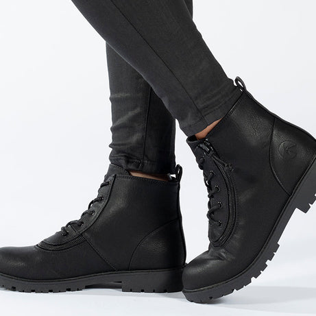 Kid's Black BILLY Boots, zipper shoes, like velcro, that are adaptive, accessible, inclusive and use universal design to accommodate an afo. BILLY Footwear comes in medium and wide width, M, D and EEE, are comfortable, and come in toddler, kids, mens, and womens sizing.