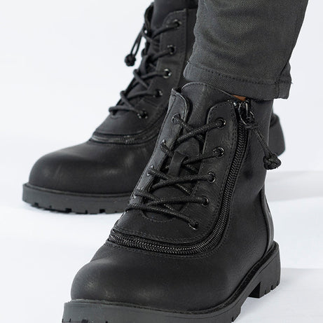 Kid's Black BILLY Boots, zipper shoes, like velcro, that are adaptive, accessible, inclusive and use universal design to accommodate an afo. BILLY Footwear comes in medium and wide width, M, D and EEE, are comfortable, and come in toddler, kids, mens, and womens sizing.