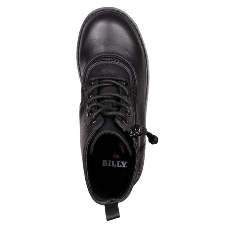 Kid's Black BILLY Boots, zipper shoes, like velcro, that are adaptive, accessible, inclusive and use universal design to accommodate an afo. BILLY Footwear comes in medium and wide width, M, D and EEE, are comfortable, and come in toddler, kids, mens, and womens sizing.