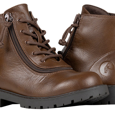 Kid's Brown BILLY Boots, zipper shoes, like velcro, that are adaptive, accessible, inclusive and use universal design to accommodate an afo. BILLY Footwear comes in medium and wide width, M, D and EEE, are comfortable, and come in toddler, kids, mens, and womens sizing.
