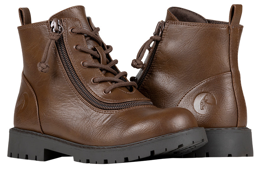 Kid's Brown BILLY Boots, zipper shoes, like velcro, that are adaptive, accessible, inclusive and use universal design to accommodate an afo. BILLY Footwear comes in medium and wide width, M, D and EEE, are comfortable, and come in toddler, kids, mens, and womens sizing.