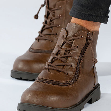Kid's Brown BILLY Boots, zipper shoes, like velcro, that are adaptive, accessible, inclusive and use universal design to accommodate an afo. BILLY Footwear comes in medium and wide width, M, D and EEE, are comfortable, and come in toddler, kids, mens, and womens sizing.