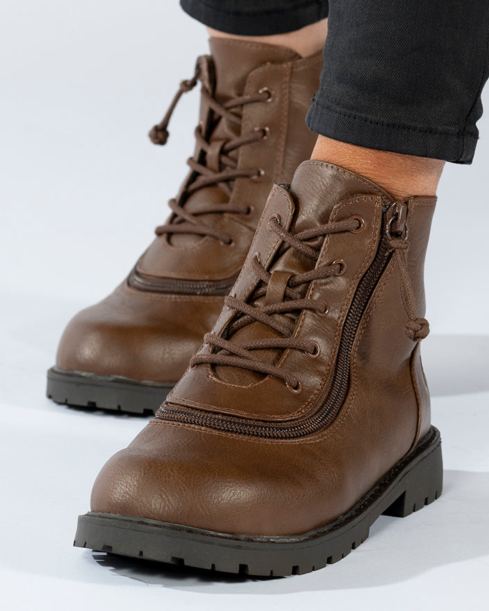 Kid's Brown BILLY Boots, zipper shoes, like velcro, that are adaptive, accessible, inclusive and use universal design to accommodate an afo. BILLY Footwear comes in medium and wide width, M, D and EEE, are comfortable, and come in toddler, kids, mens, and womens sizing.