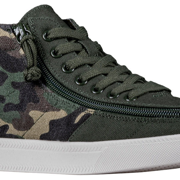 Kid's Olive Camo BILLY Classic WDR High Tops, zipper shoes, like velcro, that are adaptive, accessible, inclusive and use universal design to accommodate an afo. BILLY Footwear is medium and wide width, M, D and EEE, are comfortable, and come in toddler, kids, mens, and womens sizing.