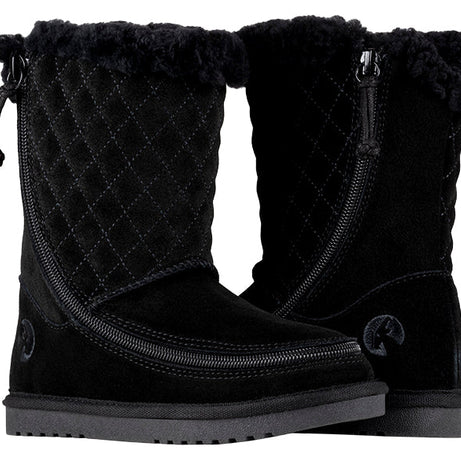 Kid's Black BILLY Cozy Quilt Lux Boots, zipper shoes, like velcro, that are adaptive, accessible, inclusive and use universal design to accommodate an afo. BILLY Footwear is medium and wide width, M, D and EEE, are comfortable, and come in toddler, kids, mens, and womens sizing.