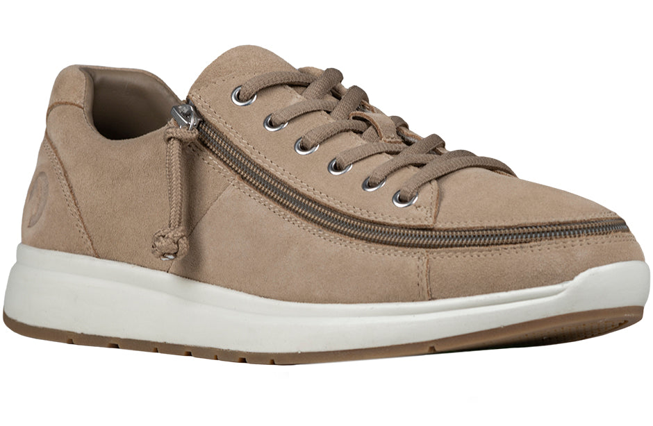 Men's Tan Suede BILLY Comfort Lows, zipper shoes, like velcro, that are adaptive, accessible, inclusive and use universal design to accommodate an afo. Footwear is medium and wide width, M, D and EEE, are comfortable, and come in toddler, kids, mens, and womens sizing.