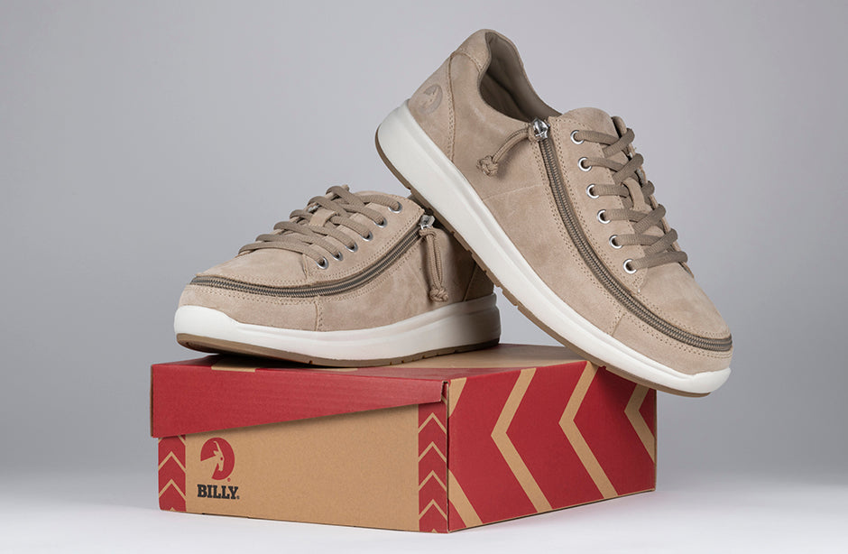Men's Tan Suede BILLY Comfort Lows, zipper shoes, like velcro, that are adaptive, accessible, inclusive and use universal design to accommodate an afo. Footwear is medium and wide width, M, D and EEE, are comfortable, and come in toddler, kids, mens, and womens sizing.