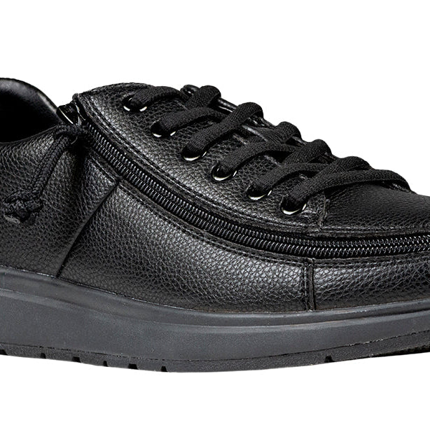 Men's Black to the Floor BILLY Work Comfort Lows, zipper shoes, like velcro, that are adaptive, accessible, inclusive and use universal design to accommodate an afo. Footwear is medium and wide width, M, D and EEE, are comfortable, and come in toddler, kids, mens, and womens sizing.