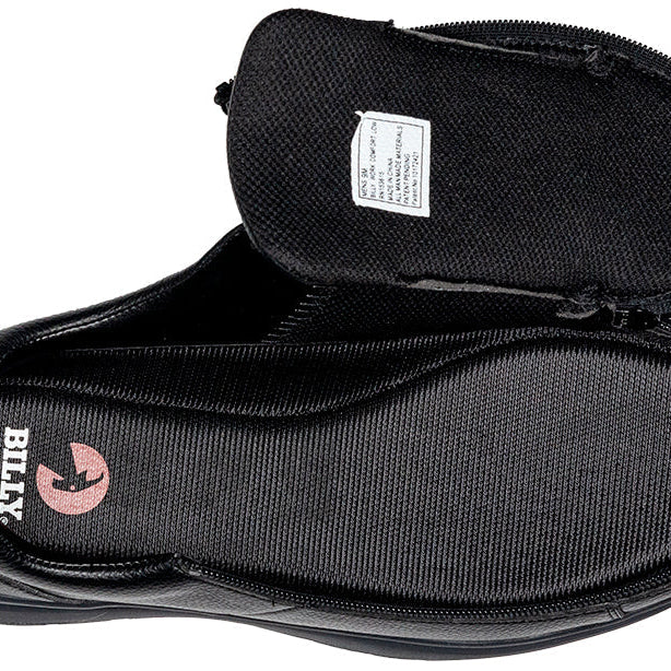 Men's Black to the Floor BILLY Work Comfort Lows, zipper shoes, like velcro, that are adaptive, accessible, inclusive and use universal design to accommodate an afo. Footwear is medium and wide width, M, D and EEE, are comfortable, and come in toddler, kids, mens, and womens sizing.